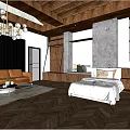 Modern Hotel Guest Room Interior Design With Brown Leather Sofas Wooden Ceiling And Geometric Rug