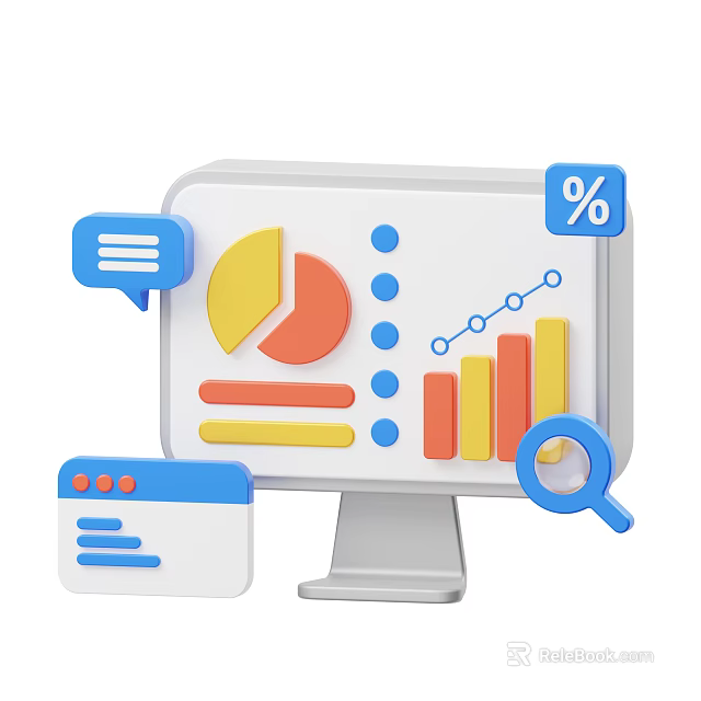 Data Visualization Dashboard With Pie Chart Bar Line Graphs Percentage Symbol Magnifying Glass Chat Bubble 3d model 