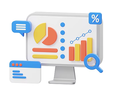 Data Visualization Dashboard With Pie Chart Bar Line Graphs Percentage Symbol Magnifying Glass Chat Bubble 3d model