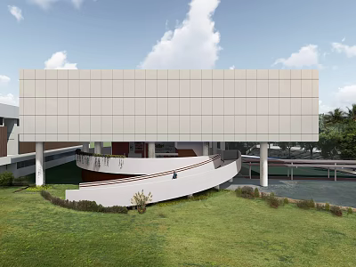 Modern School Building With White Panel Facade Open Structure And Green Lawn Area 3d model