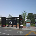 Urban Bus Stop With Glass Roof Bench Information Board Red Pavement Tiles And Green Lawn