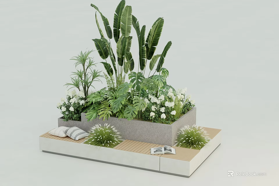 Beautiful Garden Decorative Arrangement With Tropical Plants White Flowers And Concrete Planter On Wooden Platform 3d model 