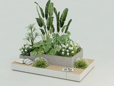 Beautiful Garden Decorative Arrangement With Tropical Plants White Flowers And Concrete Planter On Wooden Platform 3d model