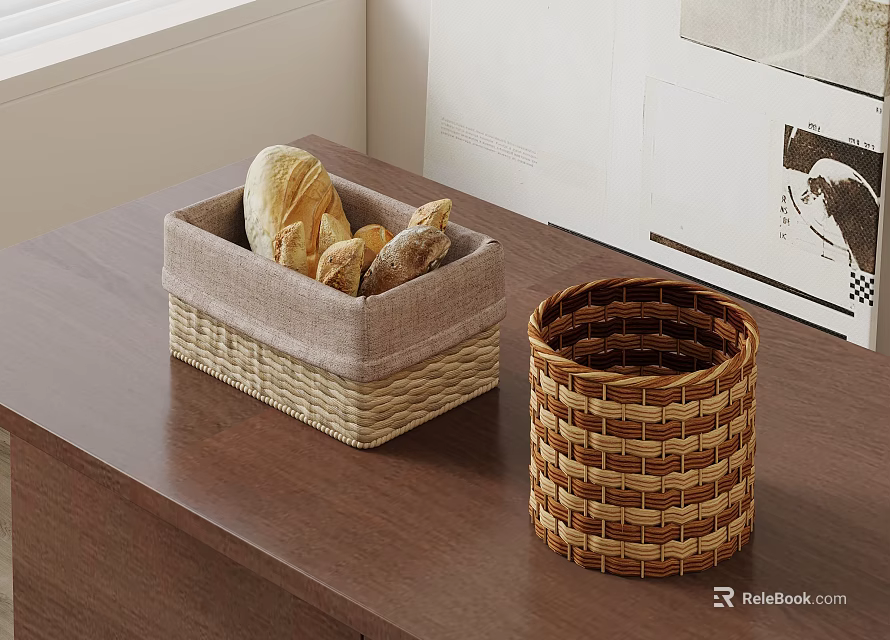 Woven Household Storage Baskets Square with Bread Storage and Cylindrical Fabric Lining Design 3d model 