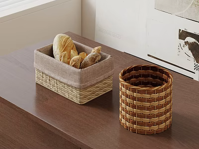 Woven Household Storage Baskets Square with Bread Storage and Cylindrical Fabric Lining Design 3d model