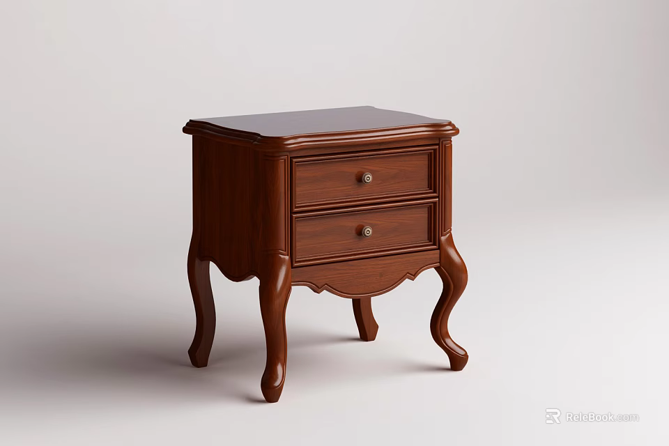Classic Wooden Bedside Table With Two Drawers And Curved Legs Design 3d model 