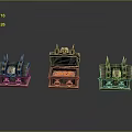 Ornate Metal Treasure Chests Featuring Open Central Chest With Gold Coins