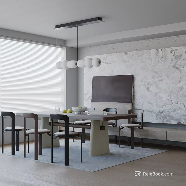 Modern Dining Table Set With Matching Chairs Pendant Lights And Marble Wall Backdrop 3d model