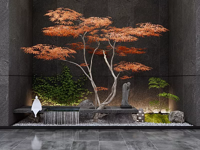 Indoor Landscape With Gray Wall Orange Maple Tree Green Plants Stone Bench Waterfall Pebble Floor 3d model