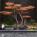 Indoor Landscape With Gray Wall Orange Maple Tree Green Plants Stone Bench Waterfall Pebble Floor