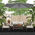 Outdoor Sofa Set With Bamboo Fence Patio Umbrella Green Plants And Armchairs
