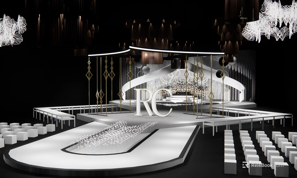 Luxurious Banquet Hall Interior Design With White Stage Golden Decor And Chandeliers 3d model 