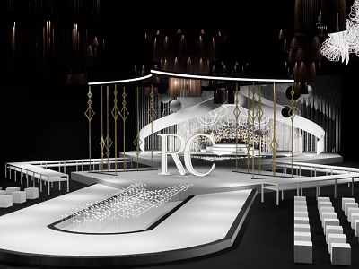 Luxurious Banquet Hall Interior Design With White Stage Golden Decor And Chandeliers 3d model