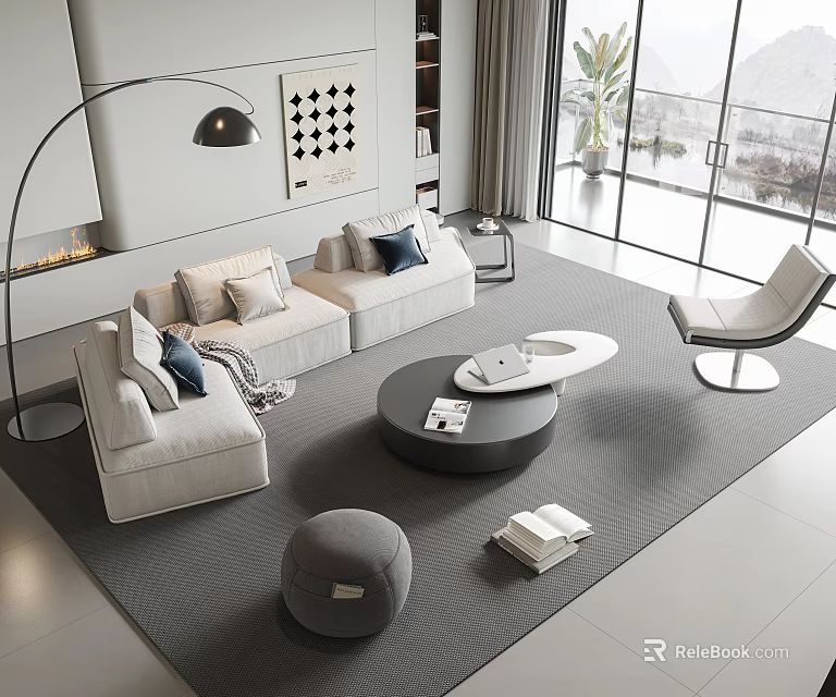 Modern White Sofa And Round Coffee Table Set With Accent Chair Floor Lamp Area Rug 3d model 