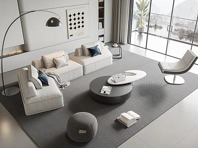 Modern White Sofa And Round Coffee Table Set With Accent Chair Floor Lamp Area Rug 3d model