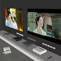 Two Modern TVs Mounted on Wall in Stylish Living Room with TV Stand and Devices
