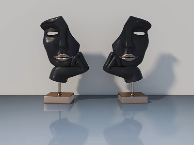 Two Black Abstract Face Sculptures On Metal Bases With Reflective Table Surface 3d model
