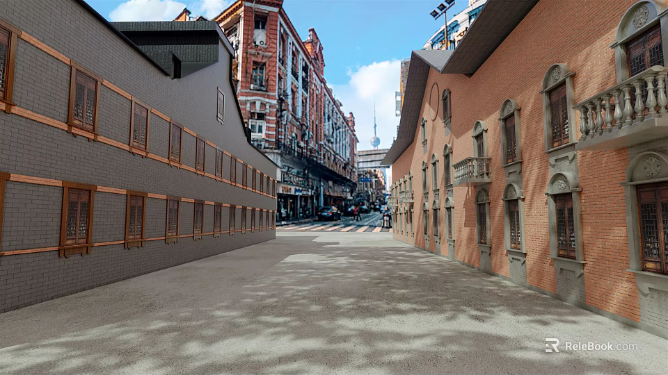 Commercial Street Featuring Traditional And Modern Buildings Stone Pavement Arch Windows And Blue Sky 3d model 