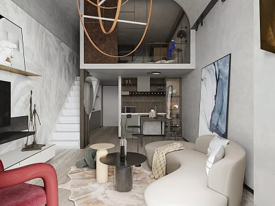Modern Loft Living Room With Curved Sofa Round Tables And Staircase 3d model