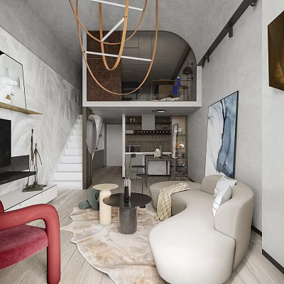 Modern Loft Living Room With Curved Sofa Round Tables And Staircase 3d model