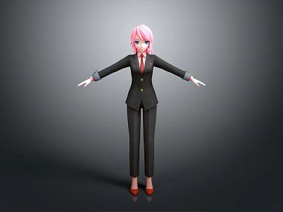 3D Female Character Model With Pink Hair Black Striped Suit Red Shoes And Outstretched Arms 3d model