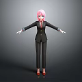 3D Female Character Model With Pink Hair Black Striped Suit Red Shoes And Outstretched Arms
