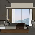 Modern Hotel Room Interior With Cozy Large Bed Floor To Ceiling Windows And Mountain View