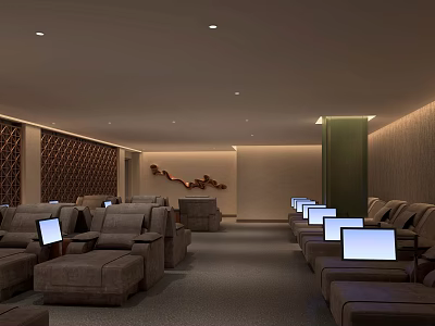 Modern SPA Sauna Interior Design With Comfortable Loungers Tablets And Ambient Lighting 3d model