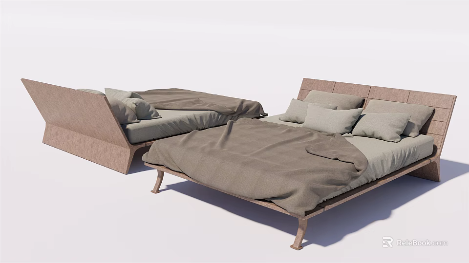 Modern Double Bed Frame with Gray Bedding Pillows and Wooden Legs 3d model