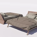 Modern Double Bed Frame with Gray Bedding Pillows and Wooden Legs 3d model