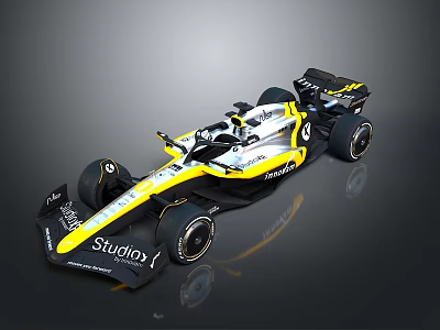 Yellow and White Formula 1 Racing Car with Studley Mobil Logos and Sleek Design 3d model