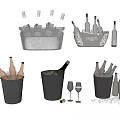 Assorted Wine Bottles And Glasses In Ice Buckets With Ice Cubes And Various Designs