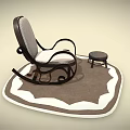 Rocking Chair with Wooden Armrests Upholstered Seat and Backrest on Brown Rug with Small Stool