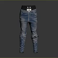 Fashionable Blue Jeans With Distressed Ripped Details Black Waistband And Visible Tags
