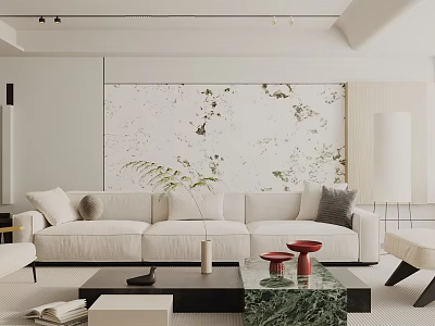 Modern Minimalist Living Room Interior Design With White Sofa Marble Textured Wall And Green Plant 3d model