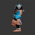 3D Helmeted Fantasy Warrior Model With Muscular Build Blue Flame Arms And Skull Decor