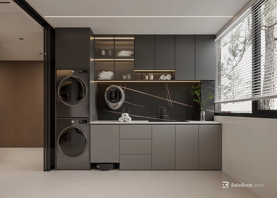 Modern Laundry Room With Gray Cabinets Washing Machine Dryer Window And Potted Plant 3d model 