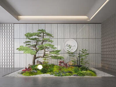 Modern Indoor Garden Display With Pine Tree Green Plants Moss And Pebbles 3d model