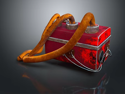 Vintage Household Item Red Box Featuring Orange Hose And Metal Parts 3d model