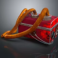 Vintage Household Item Red Box Featuring Orange Hose And Metal Parts