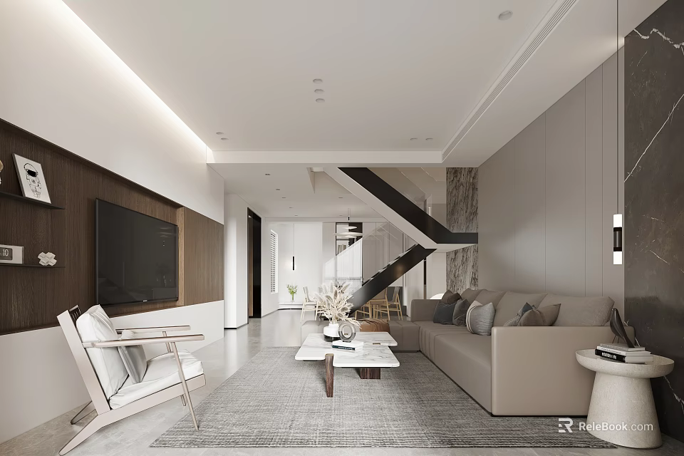 Modern Duplex Living Room With Beige Sofa TV Wall Staircase And Coffee Table 3d model 