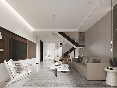 Modern Duplex Living Room With Beige Sofa TV Wall Staircase And Coffee Table 3d model