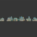 European Style Architecture Miniature Models Arranged With Turquoise And Gold On Black Background