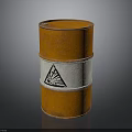 Rusty Orange Metal Barrel With White Band And Black Triangular Symbol