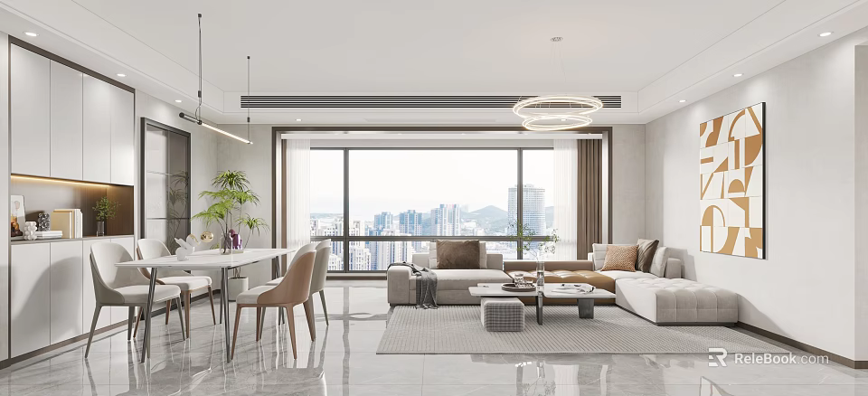 Modern Living Dining Area with Large Windows City View Sofa Dining Table Pendant Light 3d model