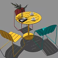 Round Dining Table Set With Red Yellow Blue Chairs Vase Green Plant And Cups