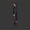 Woman In Dark Long Coat With Black Inner Top Pants And Shoes On Gray Background