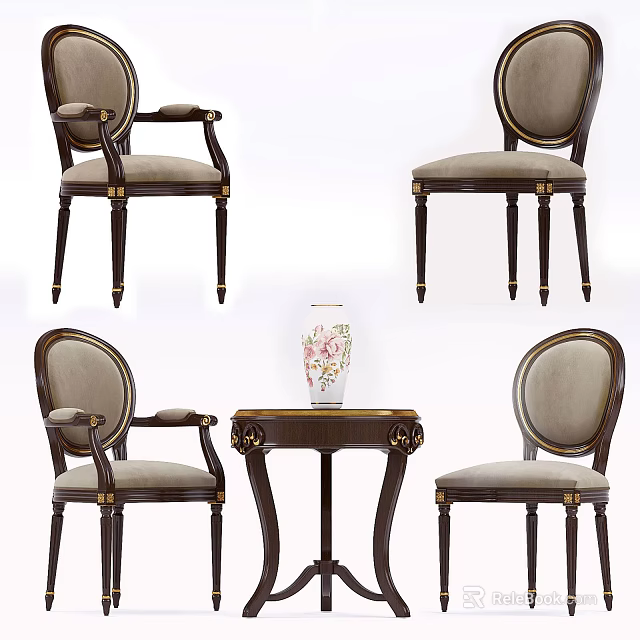 Classic Wooden Table and Chair Set with Carved Details and Upholstered Seats 3d model 