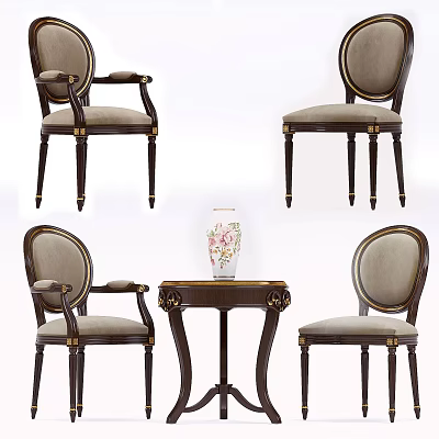 Classic Wooden Table and Chair Set with Carved Details and Upholstered Seats 3d model