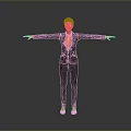Game Film Female Character In Black Suit Orange Shirt Standing Arms Outstretched On Gray Background